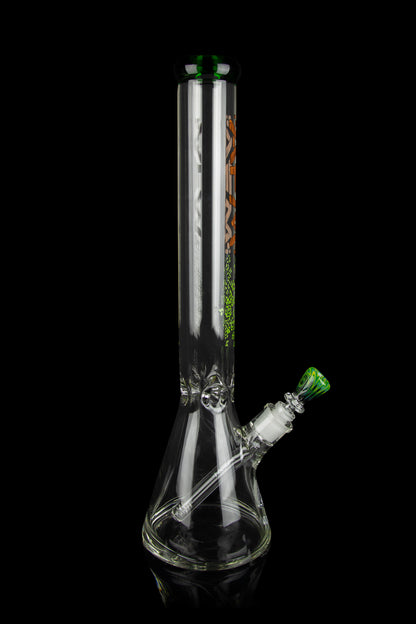 Clear glass bong with green accents and patterned design, isolated on a black background.