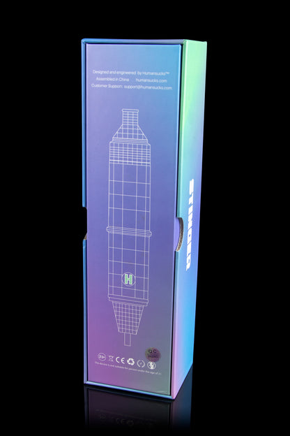 Close-up of a blue and iridescent box for a cannabis vaporizer, displaying a wireframe illustration of the device and age restriction warnings.