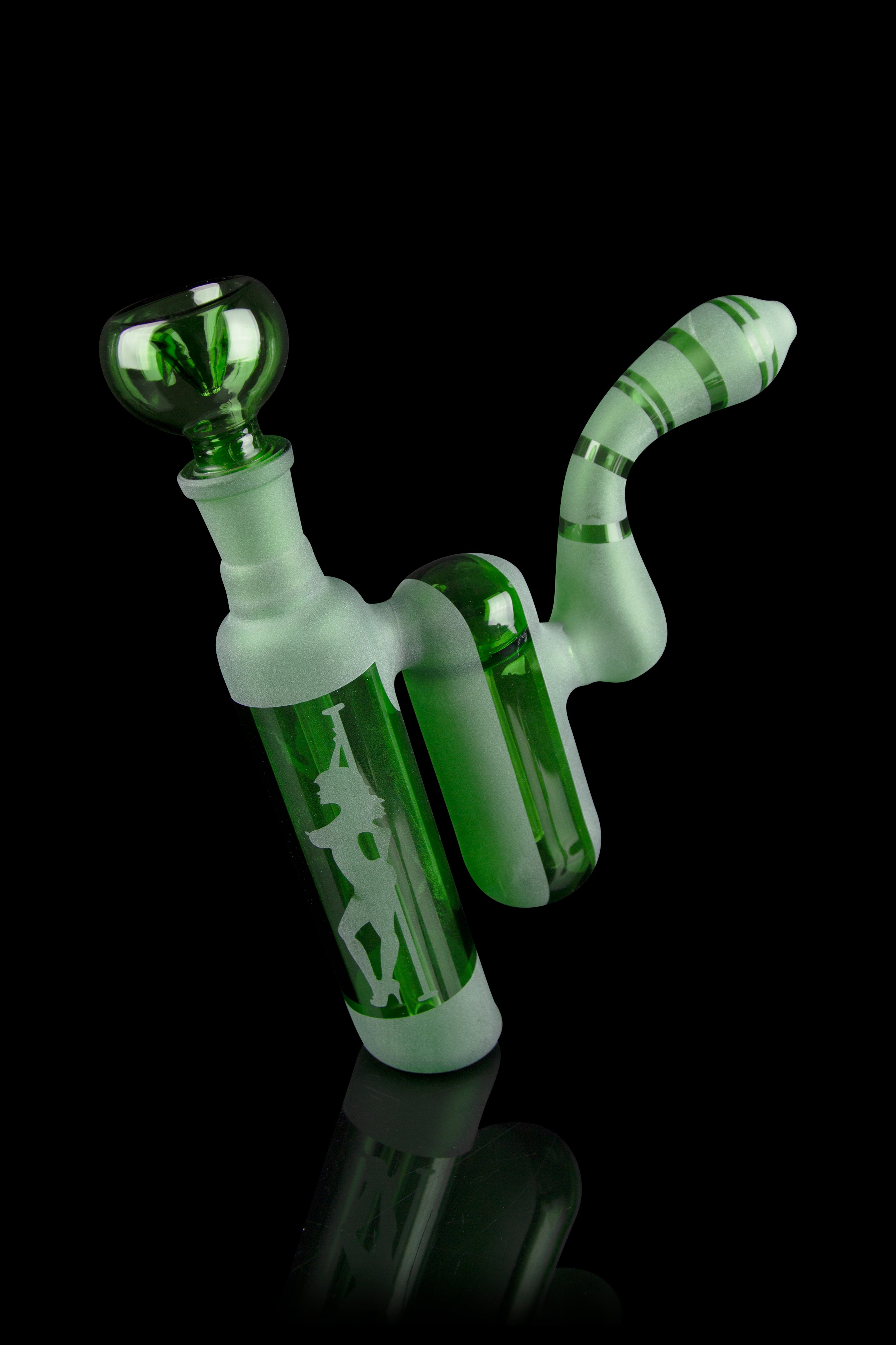 Green glass bubbler water pipe with etched design, studio shot.