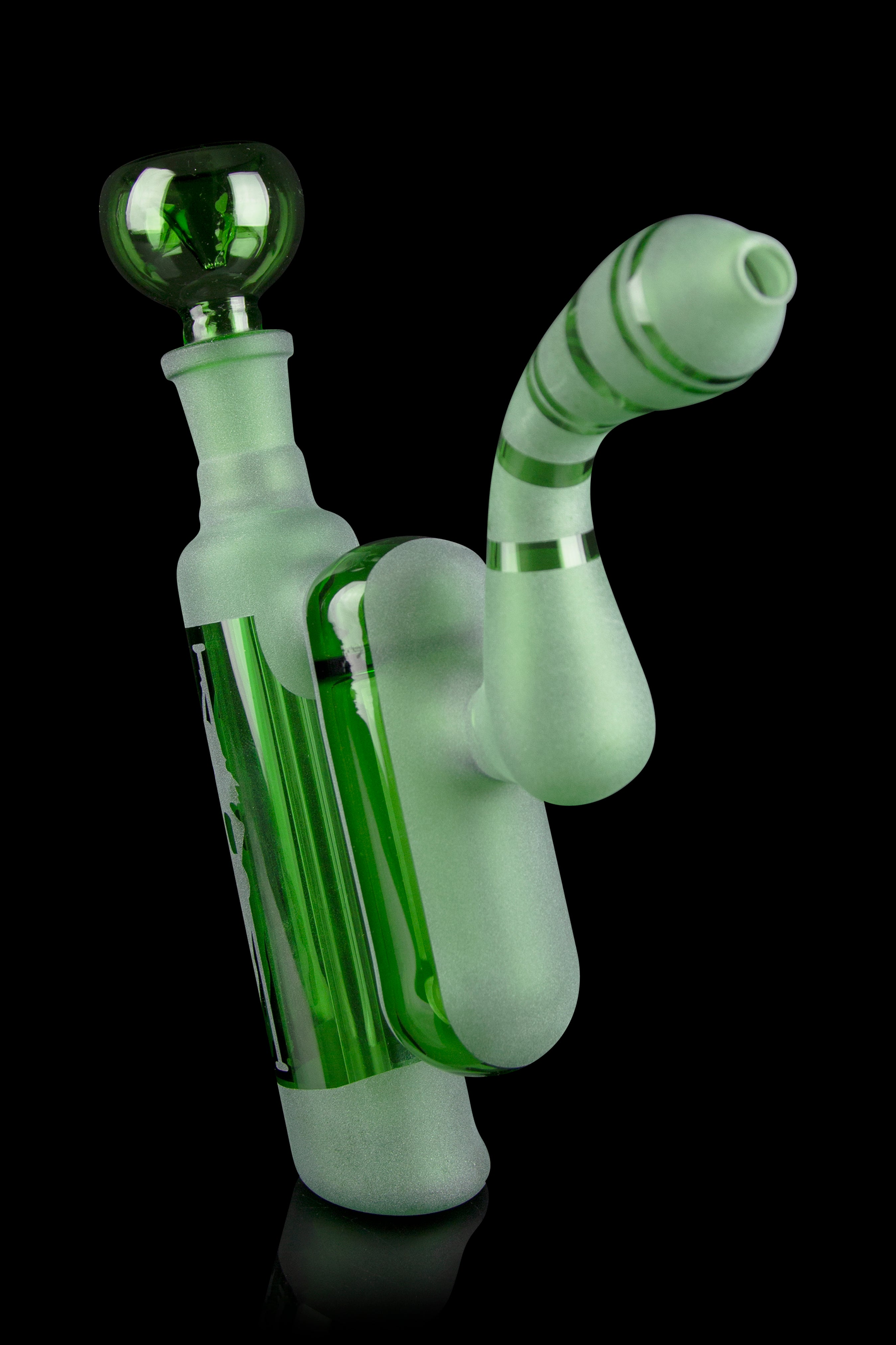 Frosted green glass water pipe with striped accents, studio shot on black.