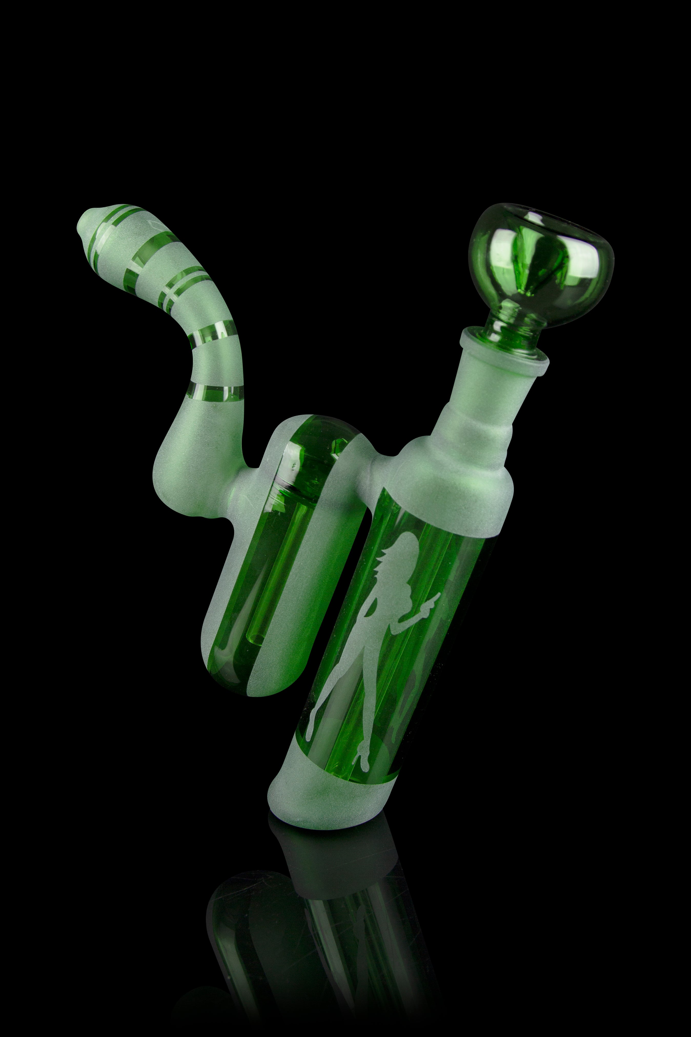 Green glass bubbler with a silhouette of a woman etched into the reservoir, displayed against a black background.