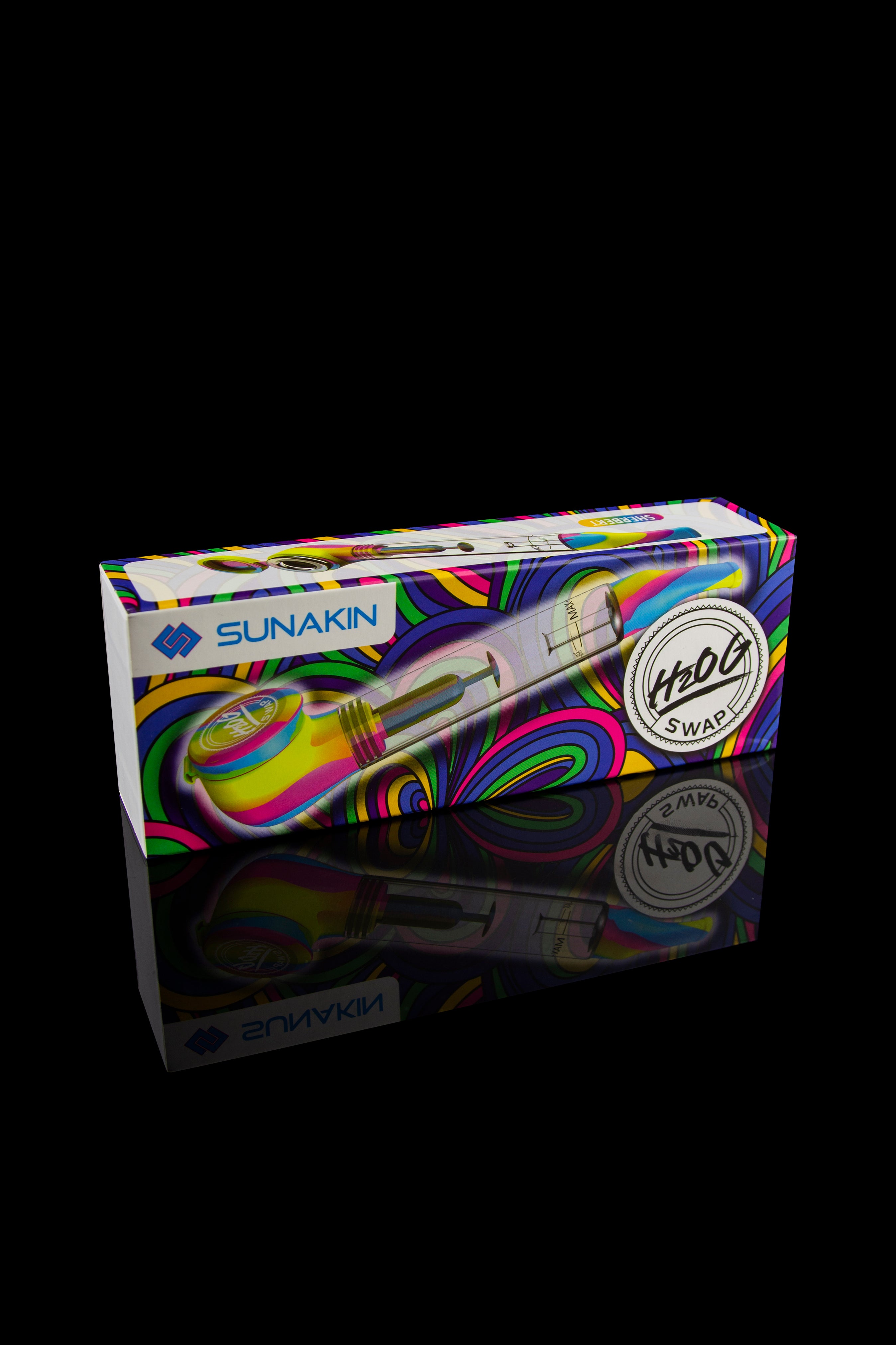 Colorful packaging for a Sunakin cannabis vaporizer, featuring a psychedelic design and a “H2O Swap” sticker.