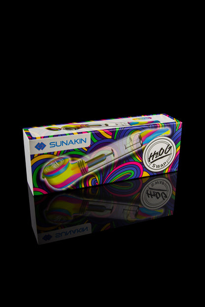 Colorful packaging for a Sunakin cannabis vaporizer, featuring a psychedelic design and a “H2O Swap” sticker.