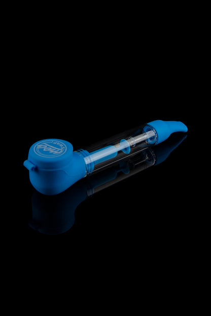 Blue silicone bubbler with glass insert.