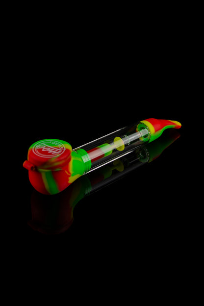 Colorful silicone oil rig with glass bowl against a black background.