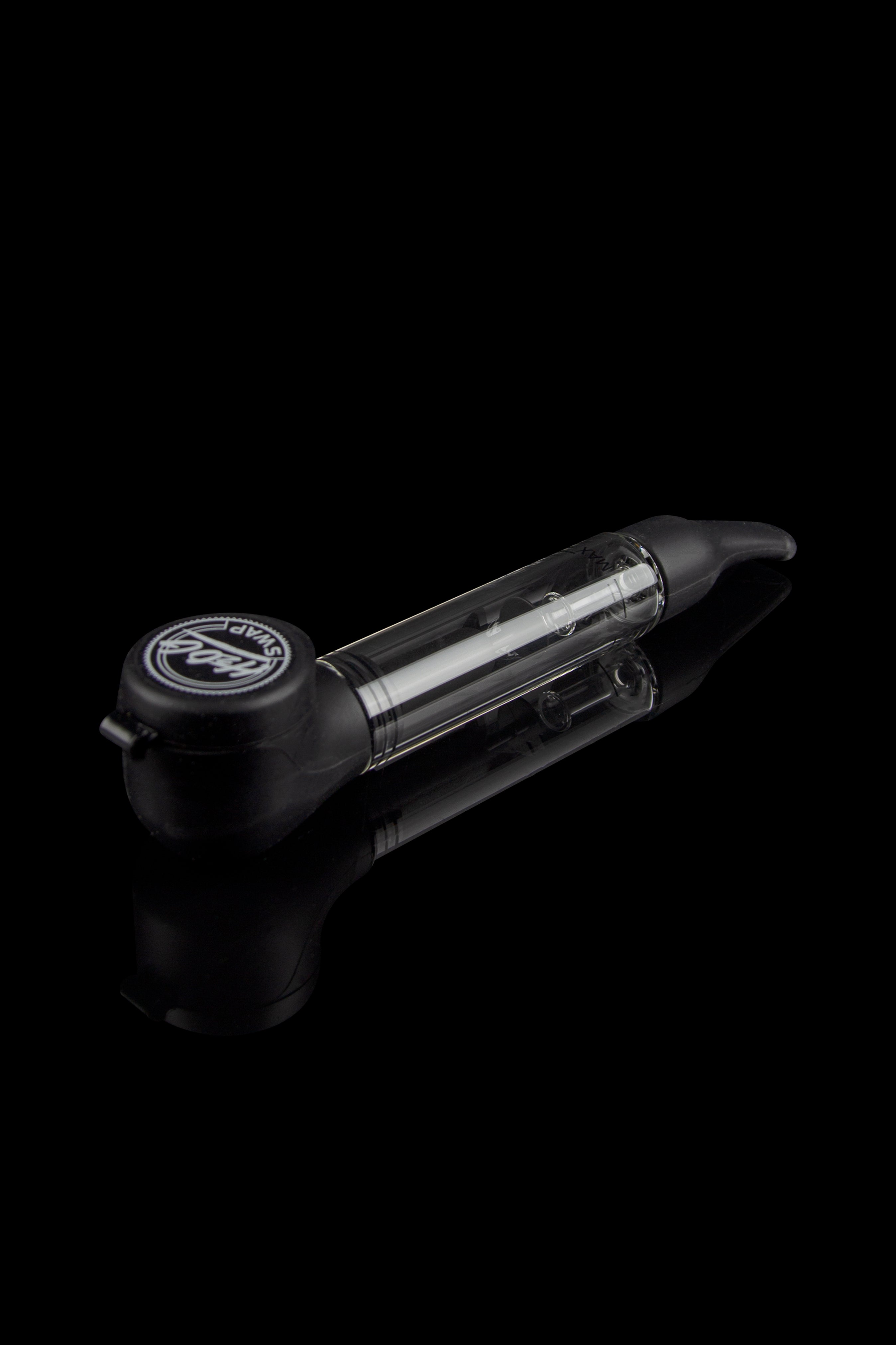 Clear glass oil rig with a branded mouthpiece, isolated on a black background.