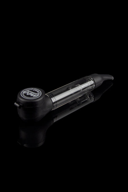 Clear glass oil rig with a branded mouthpiece, isolated on a black background.