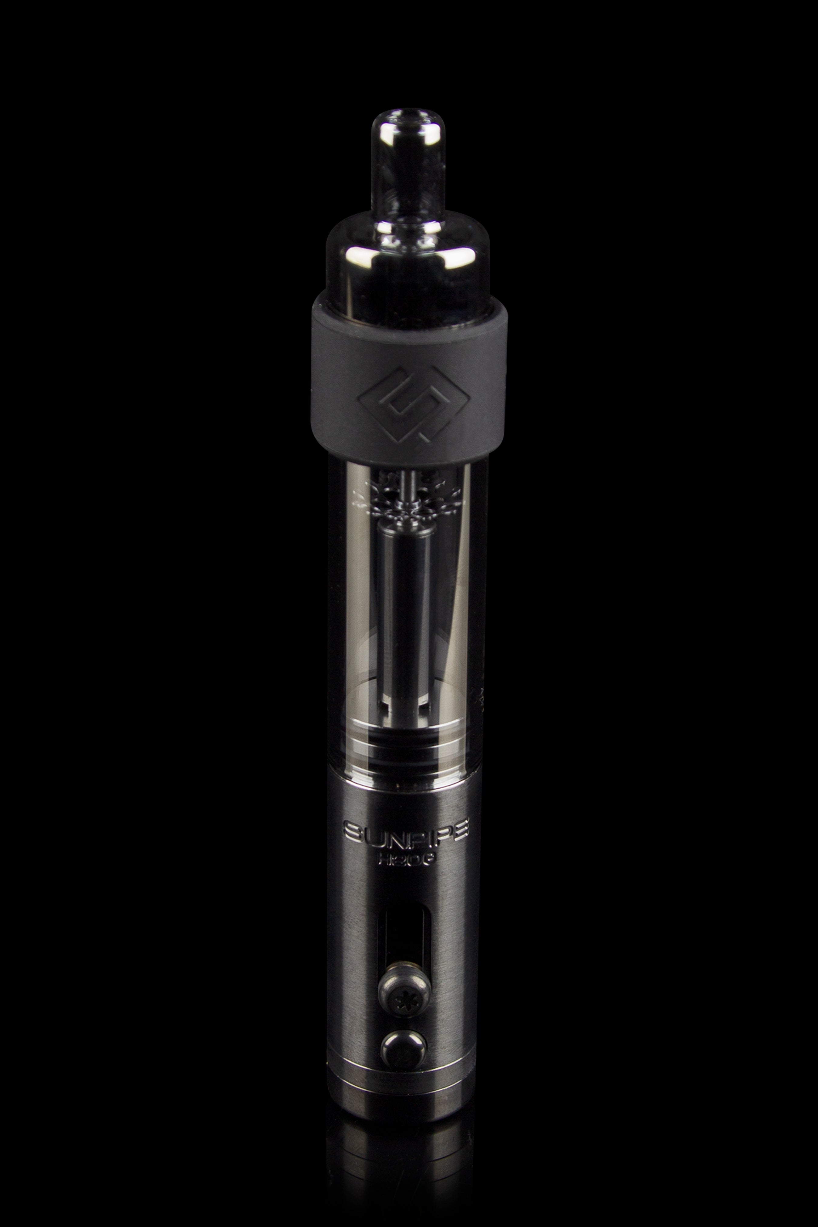 Black cannabis e-rig with visible glass chamber and heating coil.