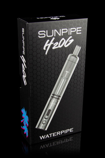 Black packaging for a “Sunpipe H2OG” water pipe vaporizer, featuring a silver device and teal accents.