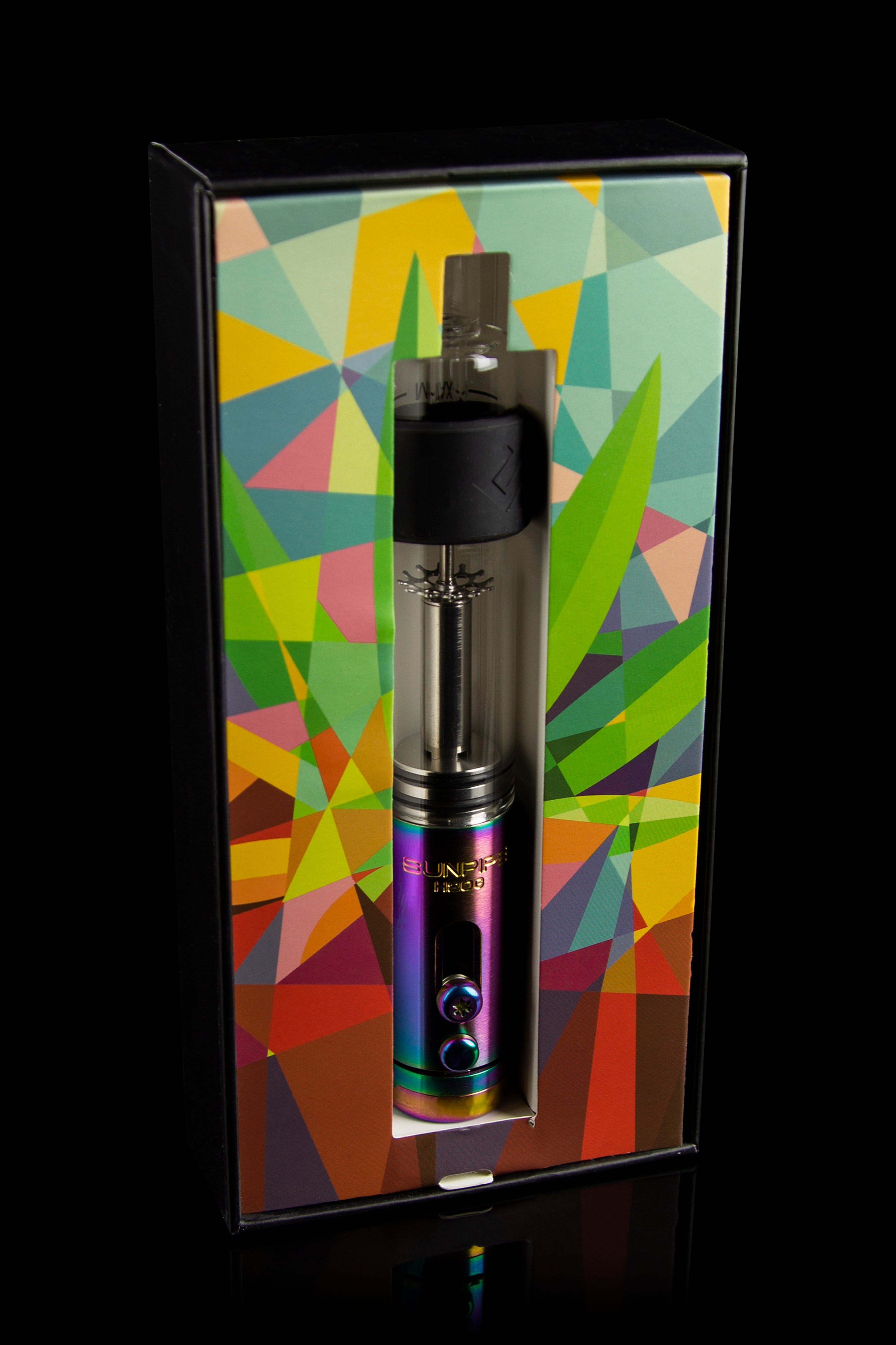 Black and iridescent cannabis vaporizer pen displayed in a colorful, geometric patterned box.