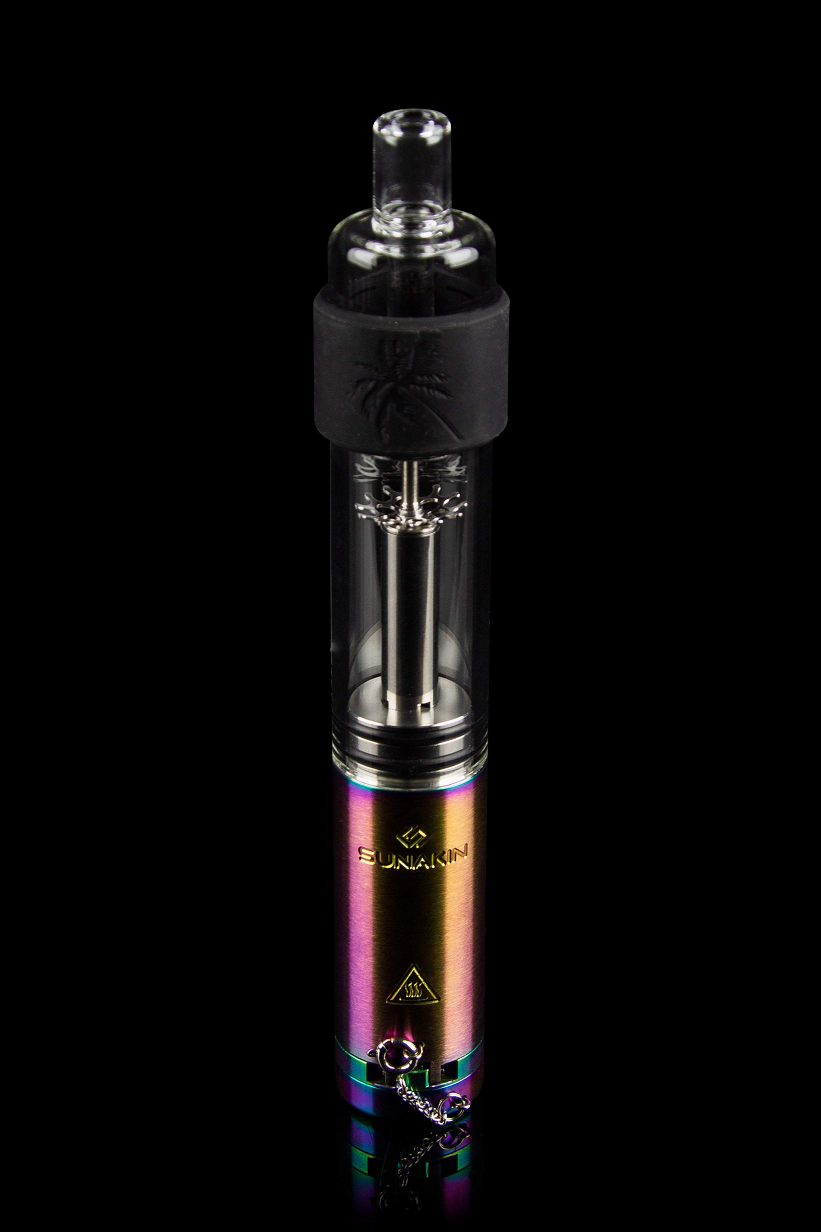 Iridescent cannabis oil vape pen with a glass mouthpiece and coiled heating element, against a black background.