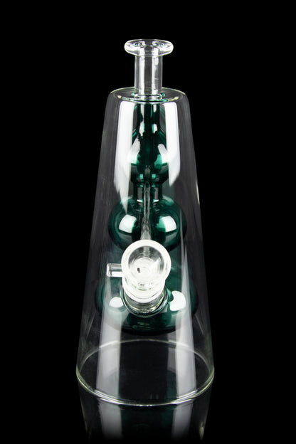 Clear glass rig with teal accents, featuring a bubbler and mouthpiece.