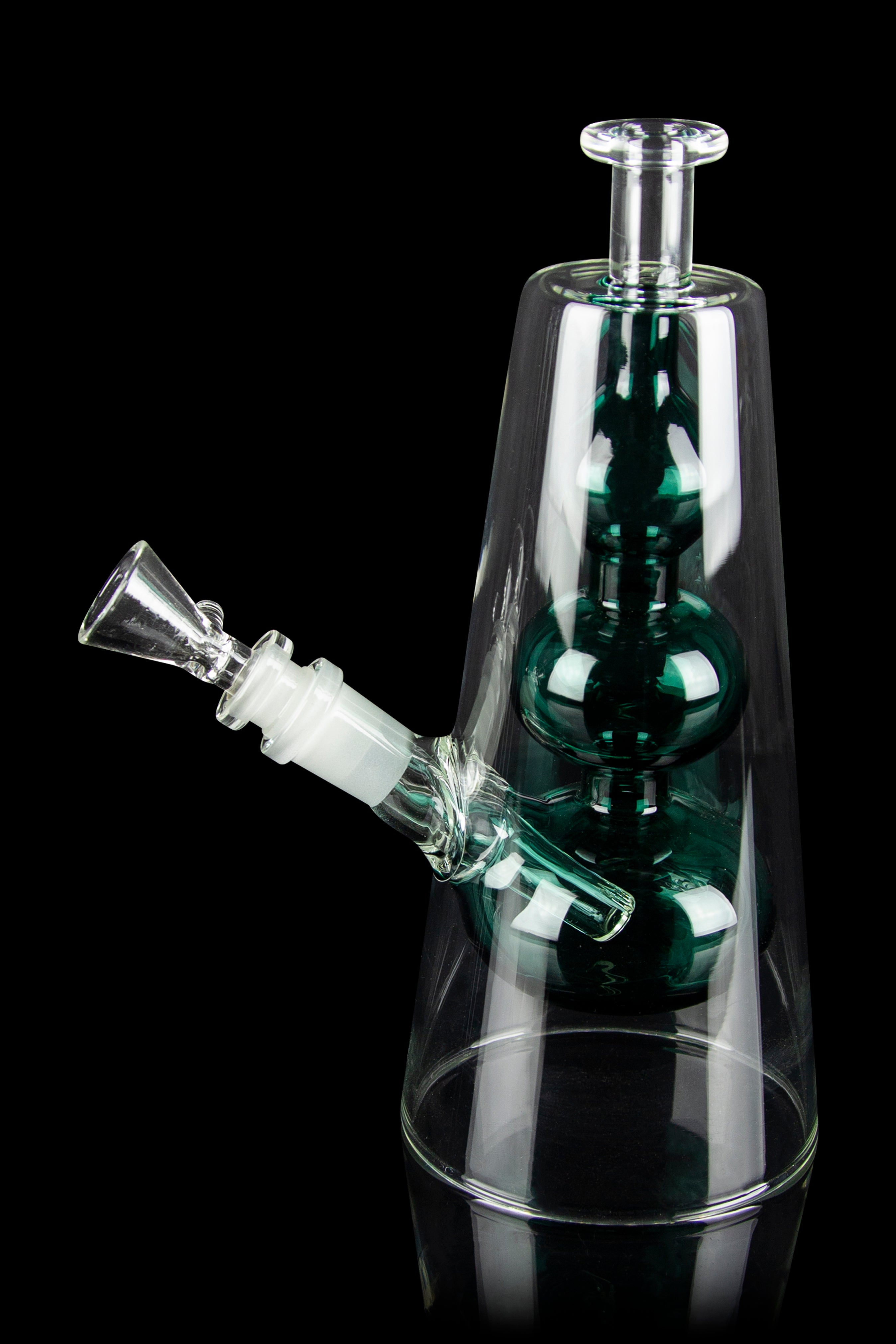 Green glass water pipe (bong) with a clear glass cone-shaped body, displayed against a black background.