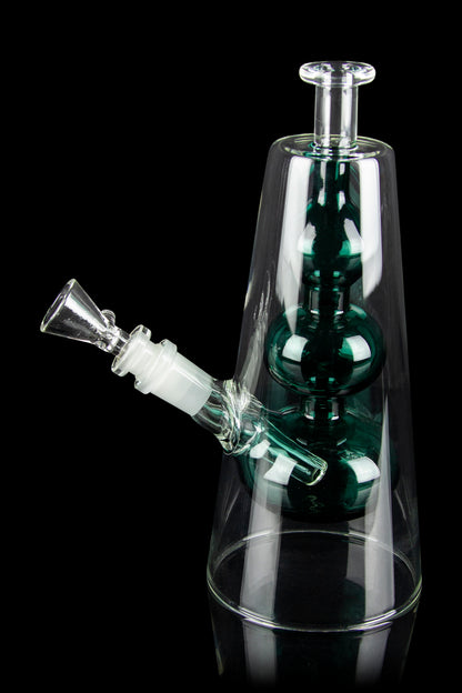 Green glass water pipe (bong) with a clear glass cone-shaped body, displayed against a black background.