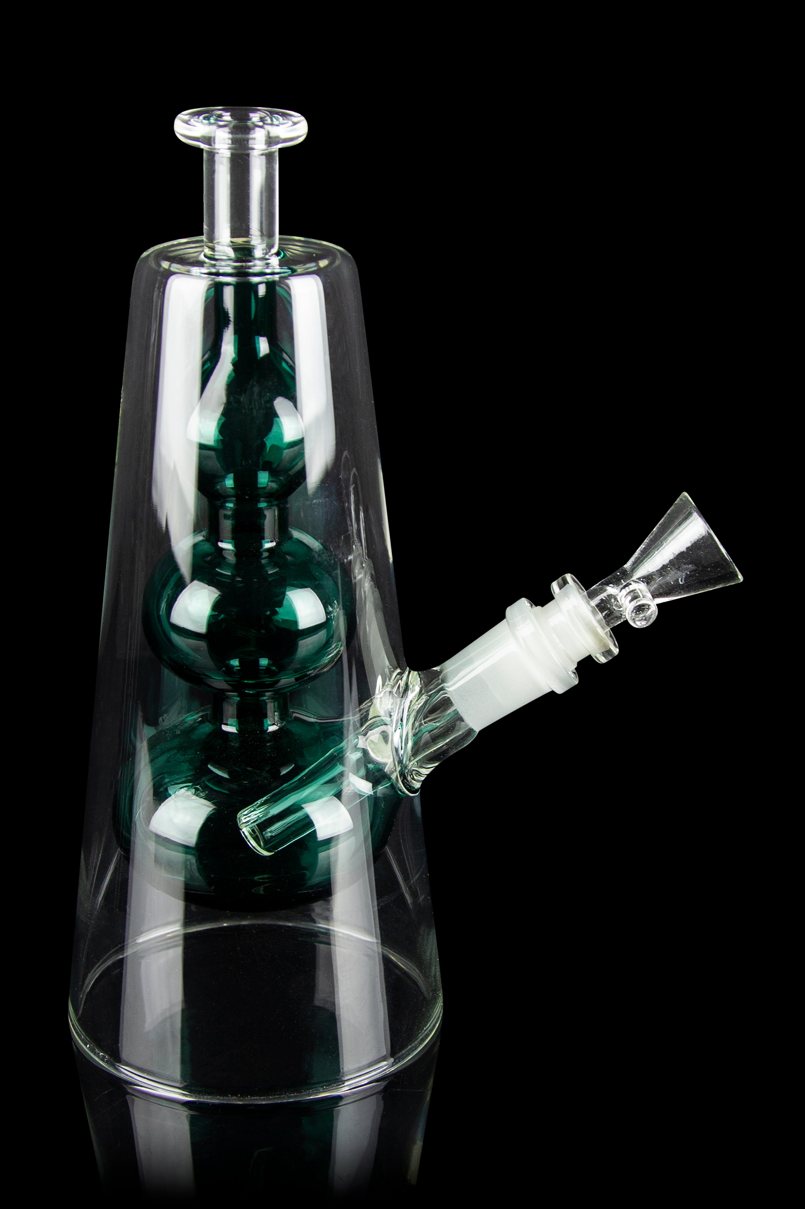 Emerald green glass water pipe (rig) with percolator, isolated on black.