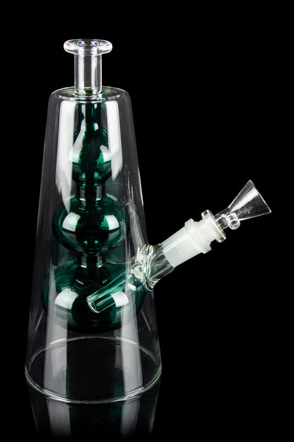 Emerald green glass water pipe (rig) with percolator, isolated on black.