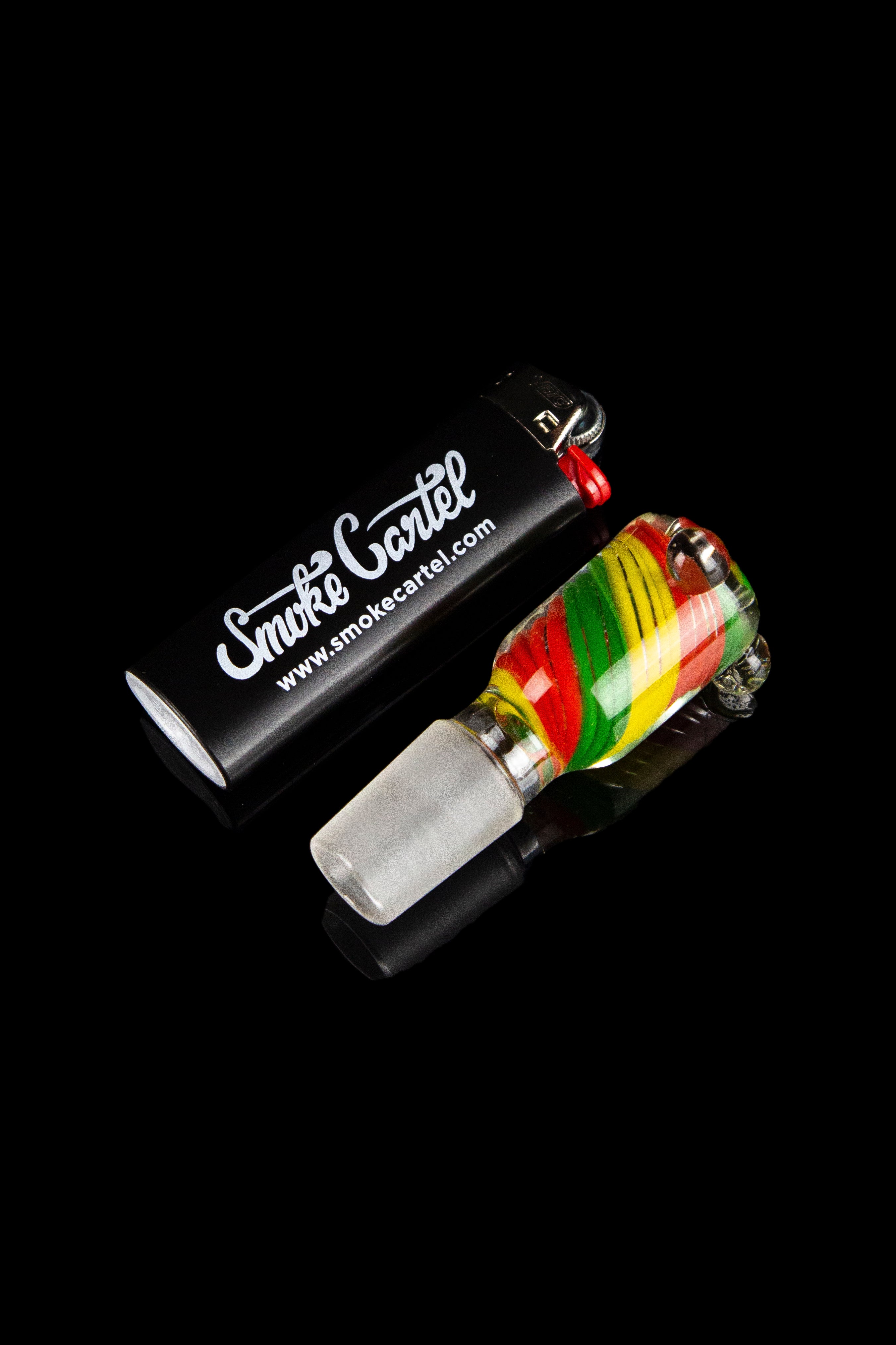 Glass cannabis pipe with colorful stripes and a metal case, branded “Smoke Cartel.”