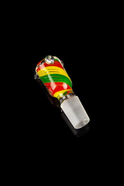 Colorful glass cannabis bowl with a flared shape and stud detailing, isolated on a black background.