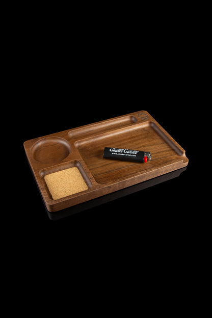 Wooden rolling tray with compartments and tools, branded "Smoke Cartel."