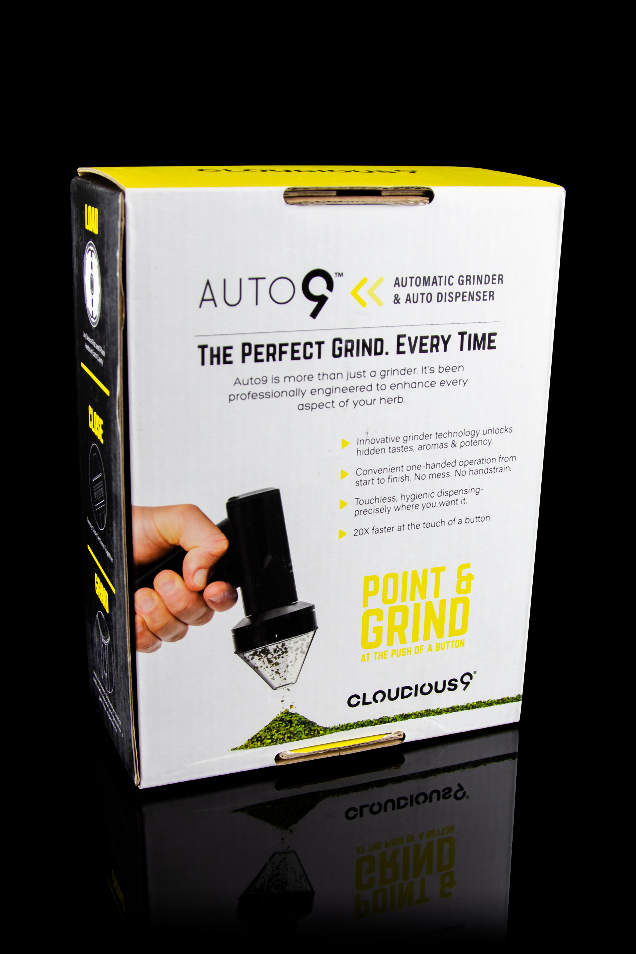 Product packaging for the “Auto9” automatic cannabis grinder and dispenser, featuring a black device and marketing copy highlighting its speed and convenience.