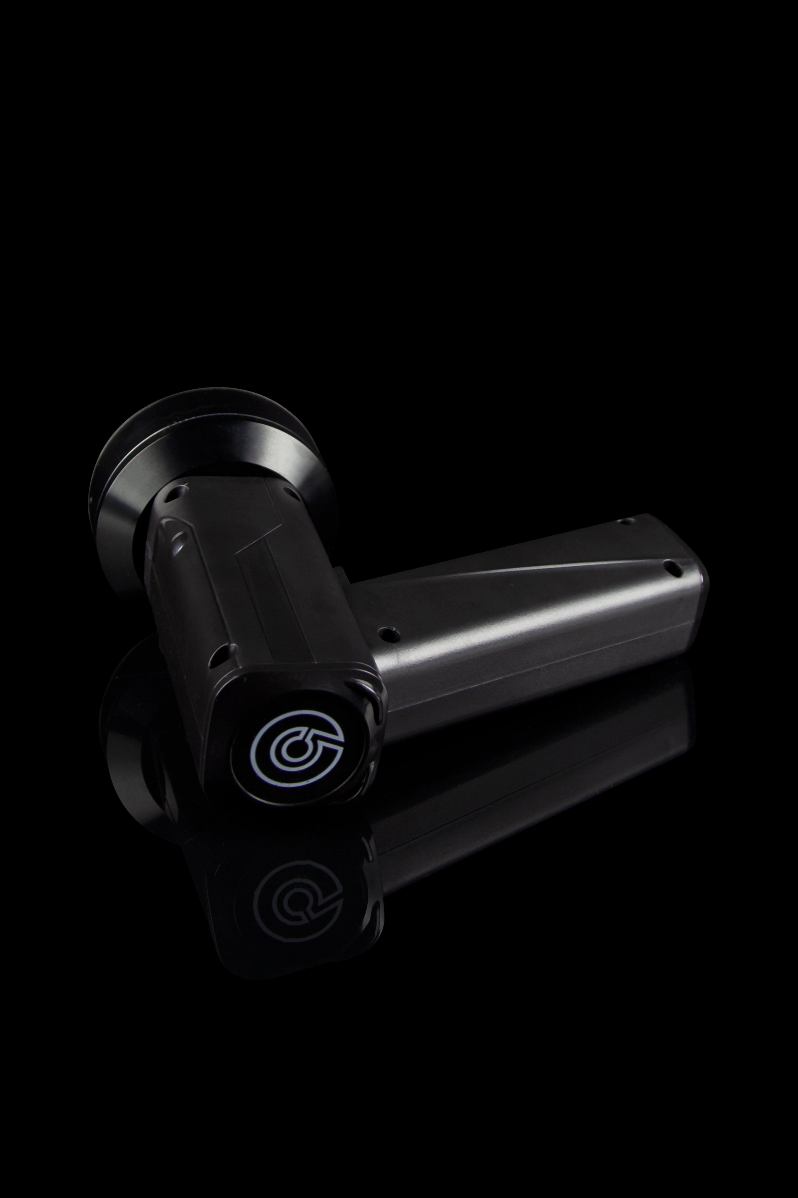 Sleek black cannabis vaporizer pen with a circular logo.