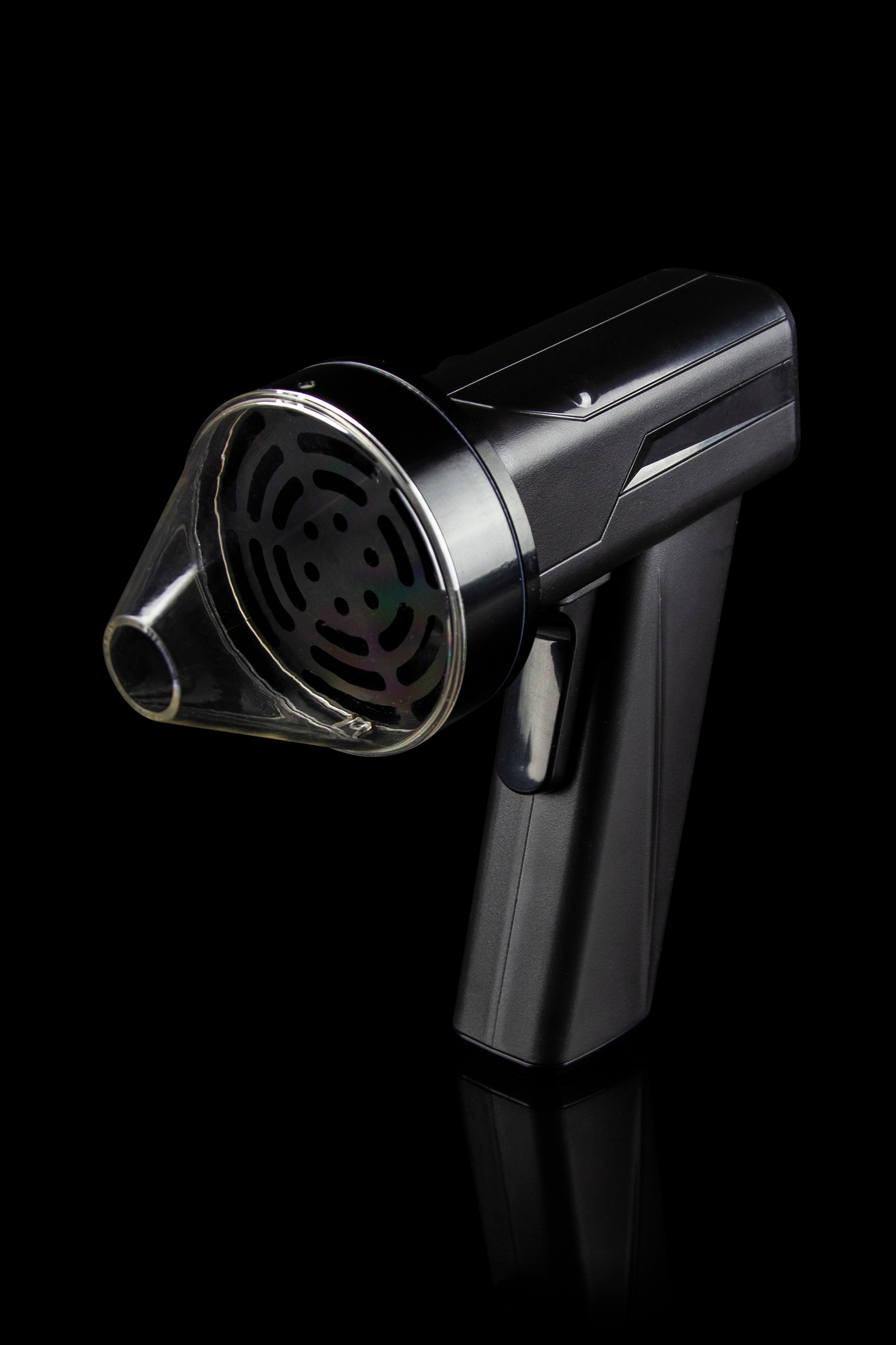 Black cannabis vaporizer with a visible mesh heating element.