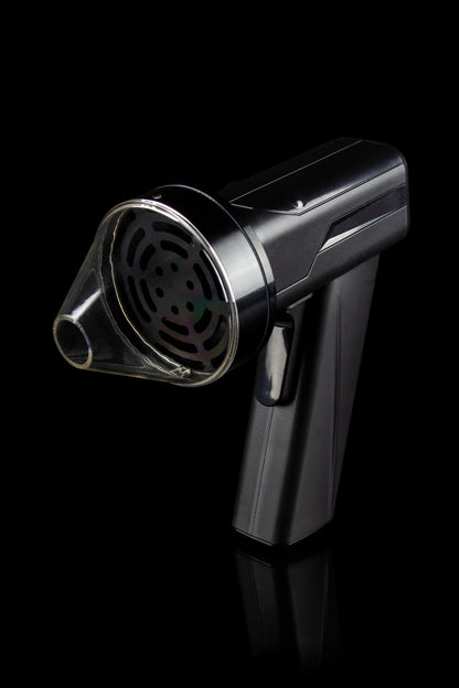 Black cannabis vaporizer with a visible mesh heating element.