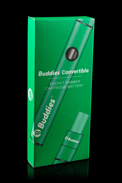 Angled front view of the green Buddies Convertible 2-in-1 Battery & Dab Adapter box against a black background.