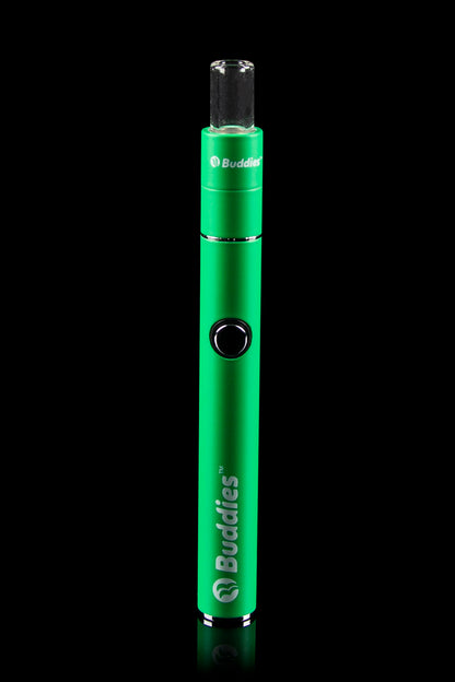 Vertical close-up of a green Buddies Convertible 2-in-1 Battery & Dab Adapter centered against a black background, showing the clear mouthpiece, round power button, and partial logo.