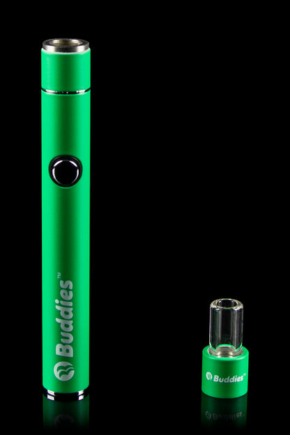 Vertical close-up of a green Buddies Convertible 2-in-1 Battery & Dab Adapter standing beside its matching glass adapter on black.