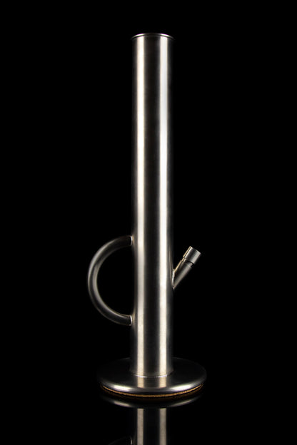 Sleek, metallic cannabis water pipe with a flared base, studio shot on black.