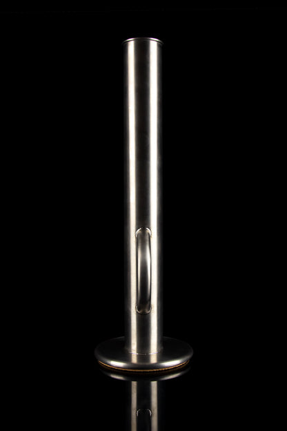 Sleek, metallic cannabis water pipe (bubbler) with a long, cylindrical body and a flared base, presented against a black background.