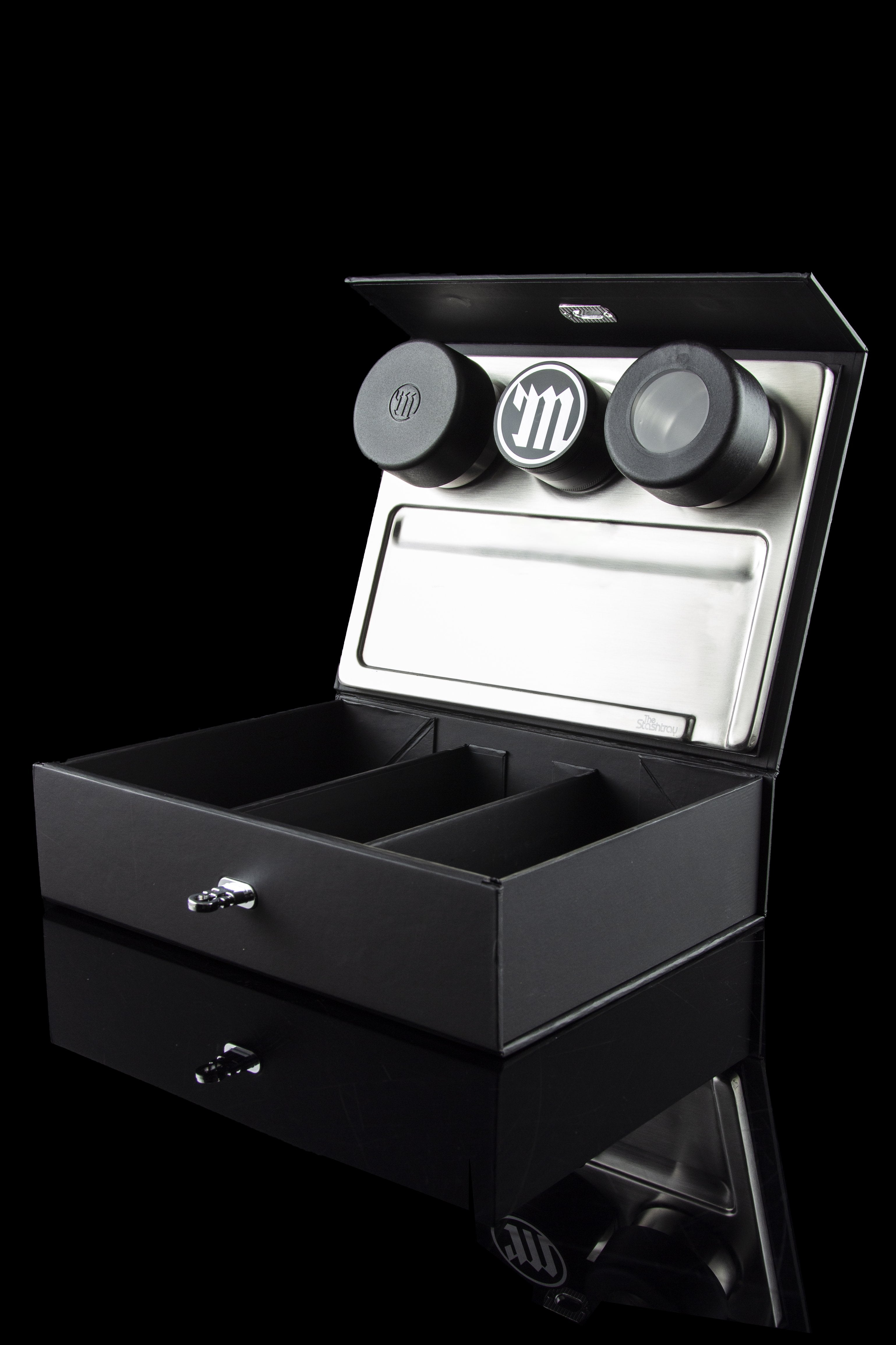 Black cannabis storage box with open tray and two airtight jars inside.