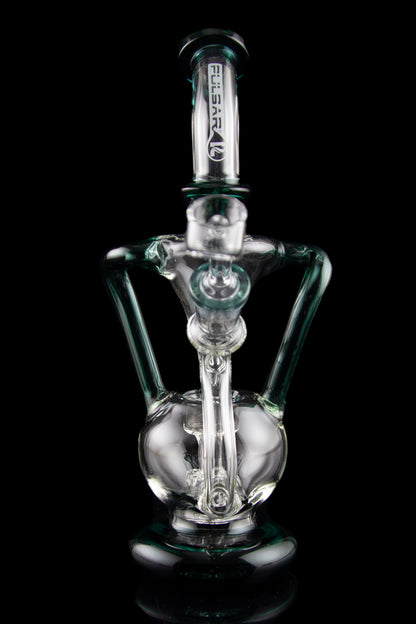 Green glass water pipe (rig) with bubbler and intricate design, isolated on a black background.