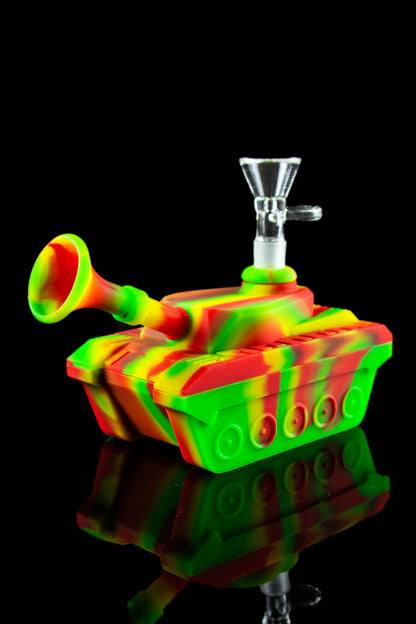 Colorful silicone water pipe shaped like a tank with a glass bowl.