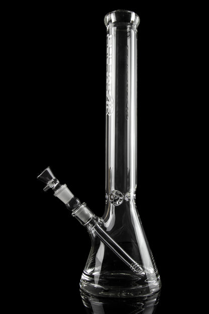Clear glass bong with ice pinch and downstem against a black background.
