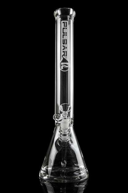 Clear glass water pipe (bong) with ice catch and branded with “Rollsafe” logo, isolated on black.