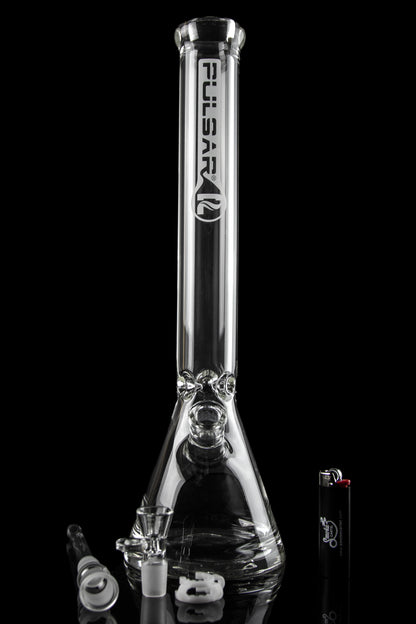 Clear glass water pipe (bong) with the “Pulsar” logo, displayed against a black background.