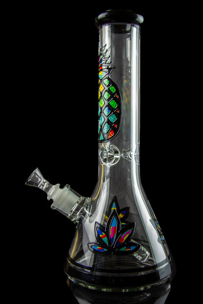 Glass water pipe (bong) with colorful floral designs against a black background.