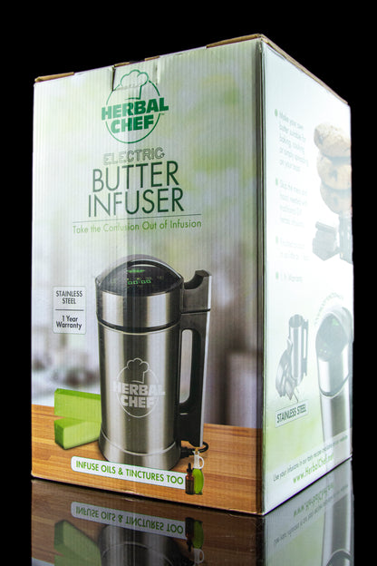 Product box for Herbal Chef Electric Butter Infuser, a device used to infuse oils and butters, potentially for cannabis edibles. 