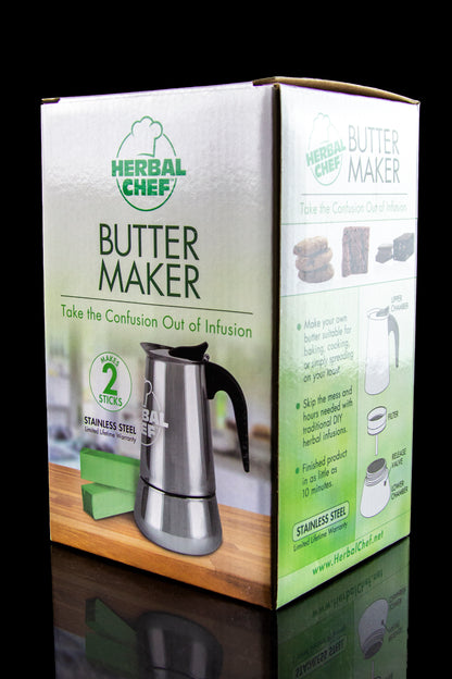 Boxed herbal butter maker with stainless steel infusion tower, marketed for making cannabis-infused butter.