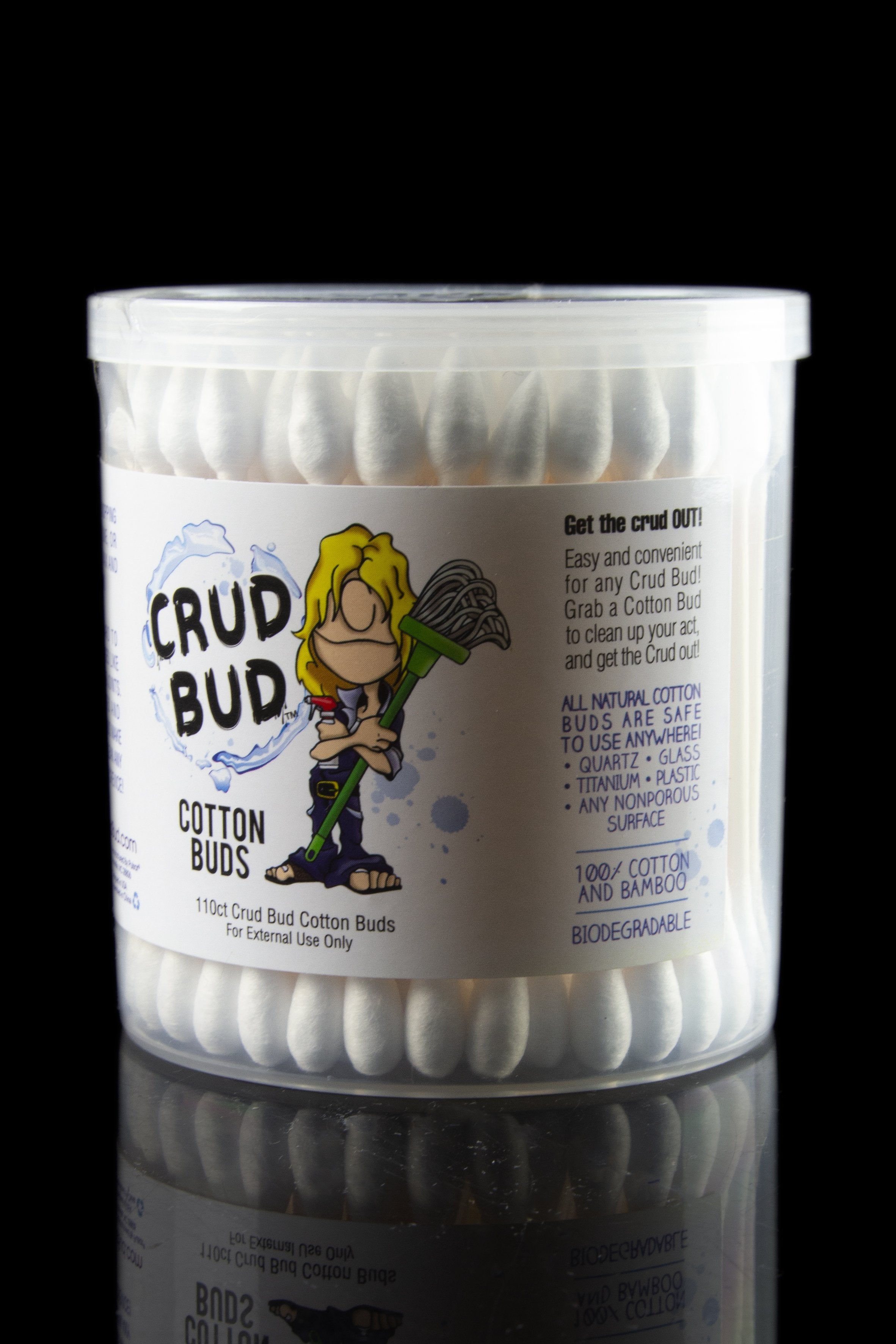 Close-up front view of a clear tub of Crud Bud Cotton Swabs Tips 5.00% Off Auto renew showing packed white cotton buds and the cartoon Crud Bud label against a black background