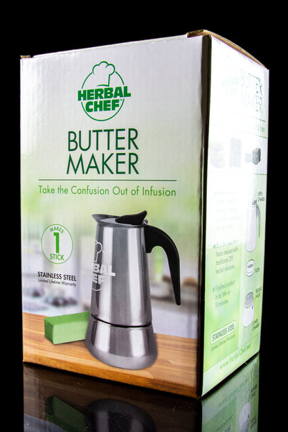 Product packaging for Herbal Chef Butter Maker, a stainless steel device for infusing cannabis into butter, displayed against a dark background.