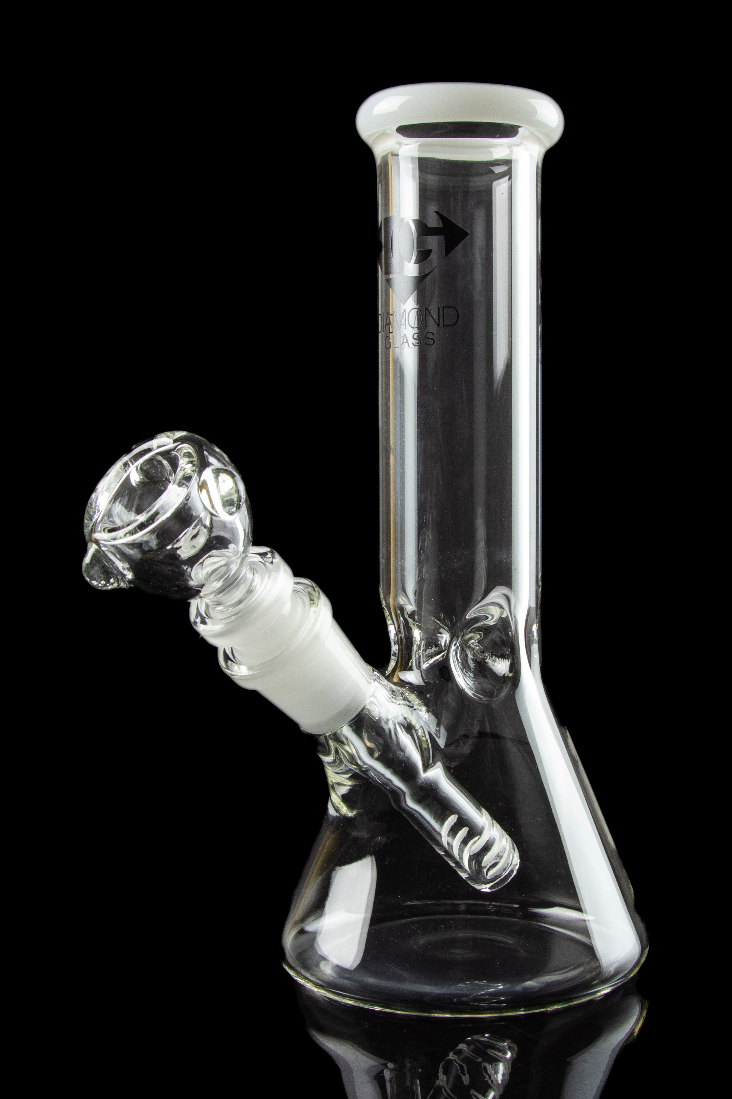 A straight-on view of the Diamond Glass 8" Classic Beaker Bong, showing the clear glass construction and simple, cylindrical shape.