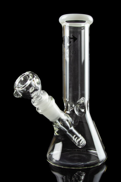 A straight-on view of the Diamond Glass 8" Classic Beaker Bong, showing the clear glass construction and simple, cylindrical shape.