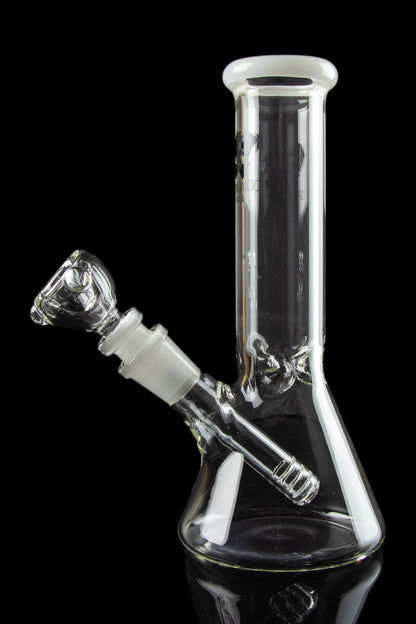 Front view of the Diamond Glass 8" Classic Beaker Bong, with clear glass and a simple, classic design reflected on a dark surface.