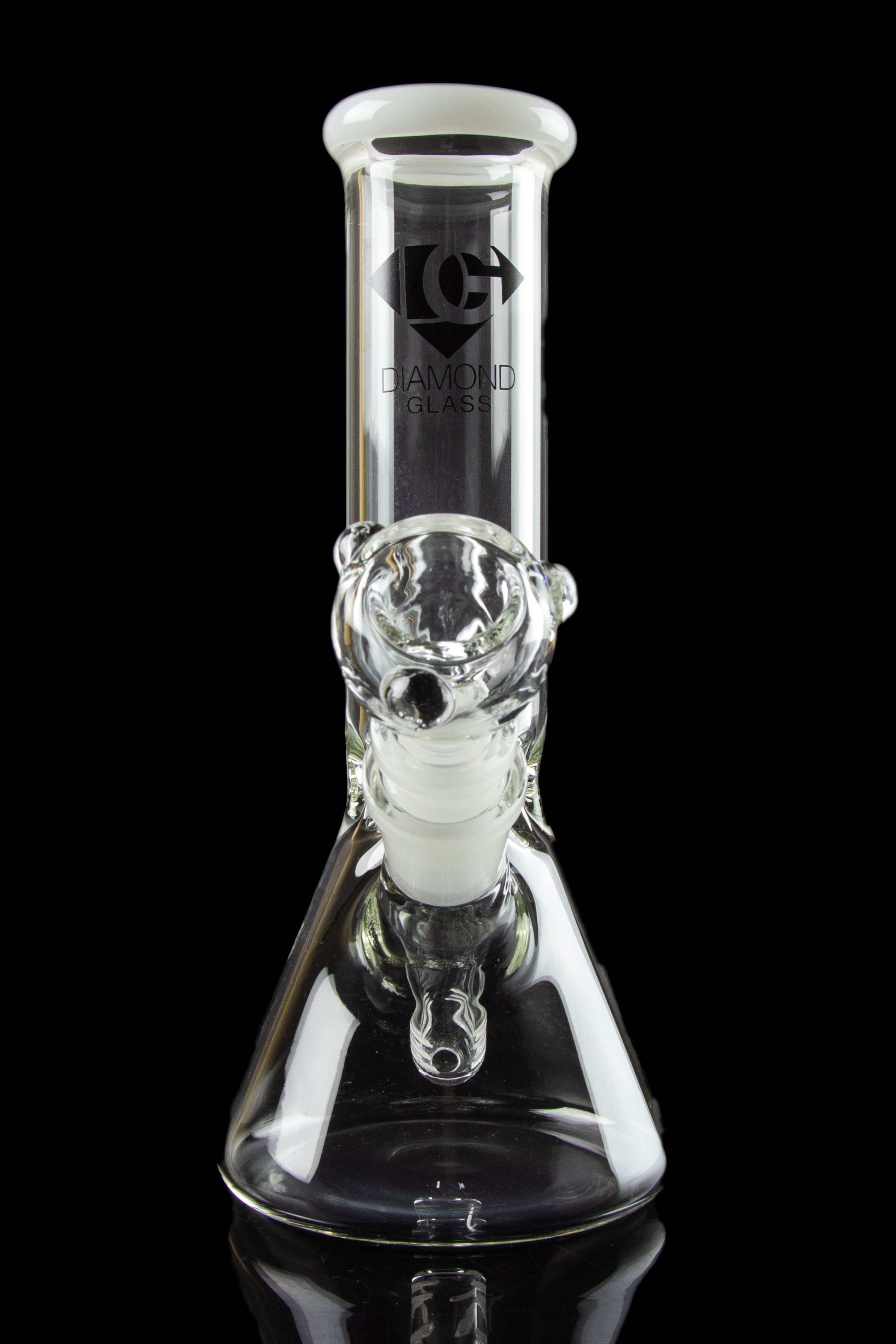 Clear glass bong with intricate bubble detailing and "Diamond Glass" logo, reflecting on a black surface.