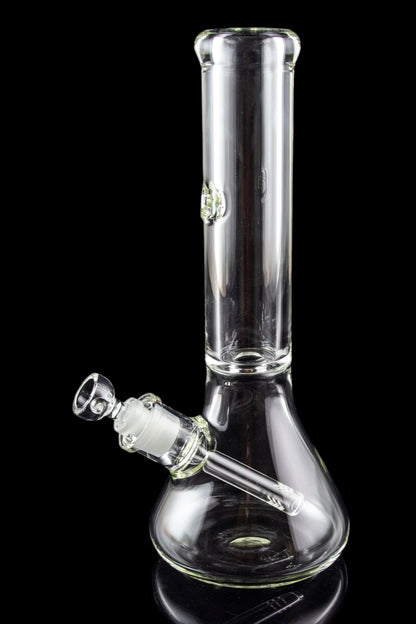 Clear glass bong with a flared base and ice catcher, isolated on black.