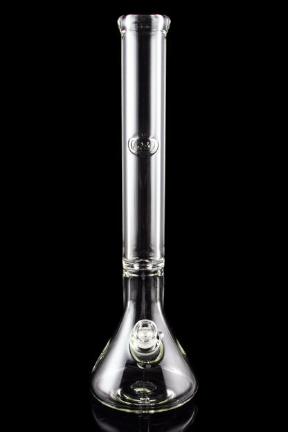 Clear glass bong with ice catcher and flared base, isolated on black.