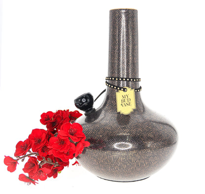 Front view of the “My Bud Vase “Burmese”” ornate water pipe, adorned with red flowers against a plain white background.